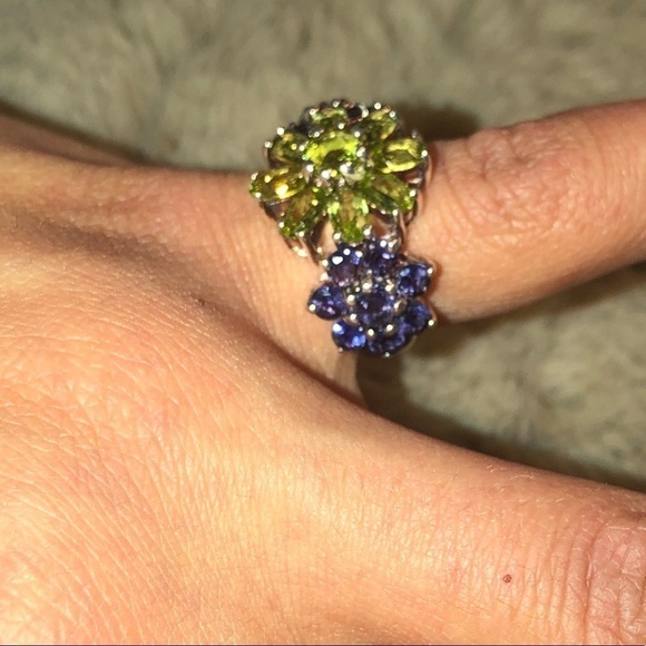 STERLING Amethyst Peridot Cocktail Silver Ring Huge 3 Flower Sz 5 Vintage - Picture 9 of 11